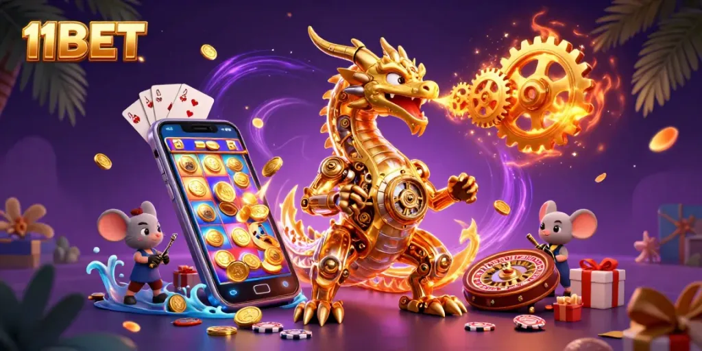 Engage with thrilling slot games at 11BET featuring a golden dragon and exciting gaming elements.