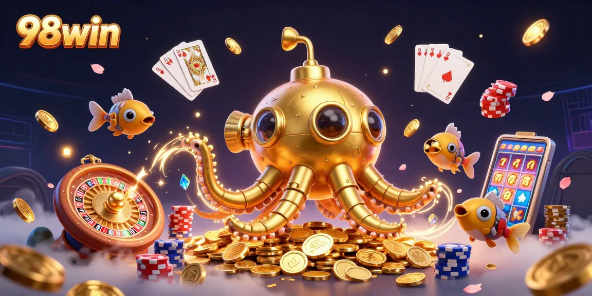 Experience thrilling gaming at 98win with a vibrant scene of golden luck and excitement.