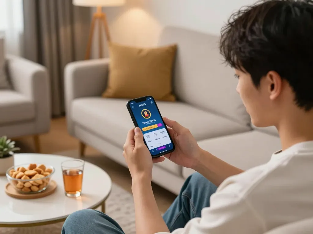 Player accessing the trang chủ MM88 app on a smartphone in a cozy home setting.