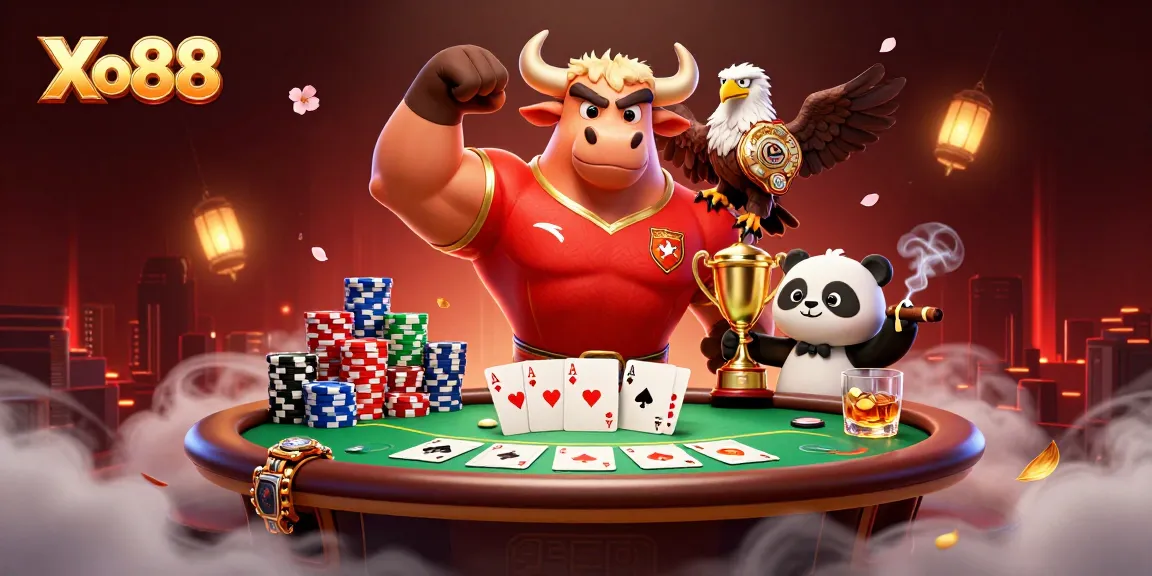 Xo88 showcases a vibrant casino scene with a bull, eagle, and panda celebrating victory at a poker table.