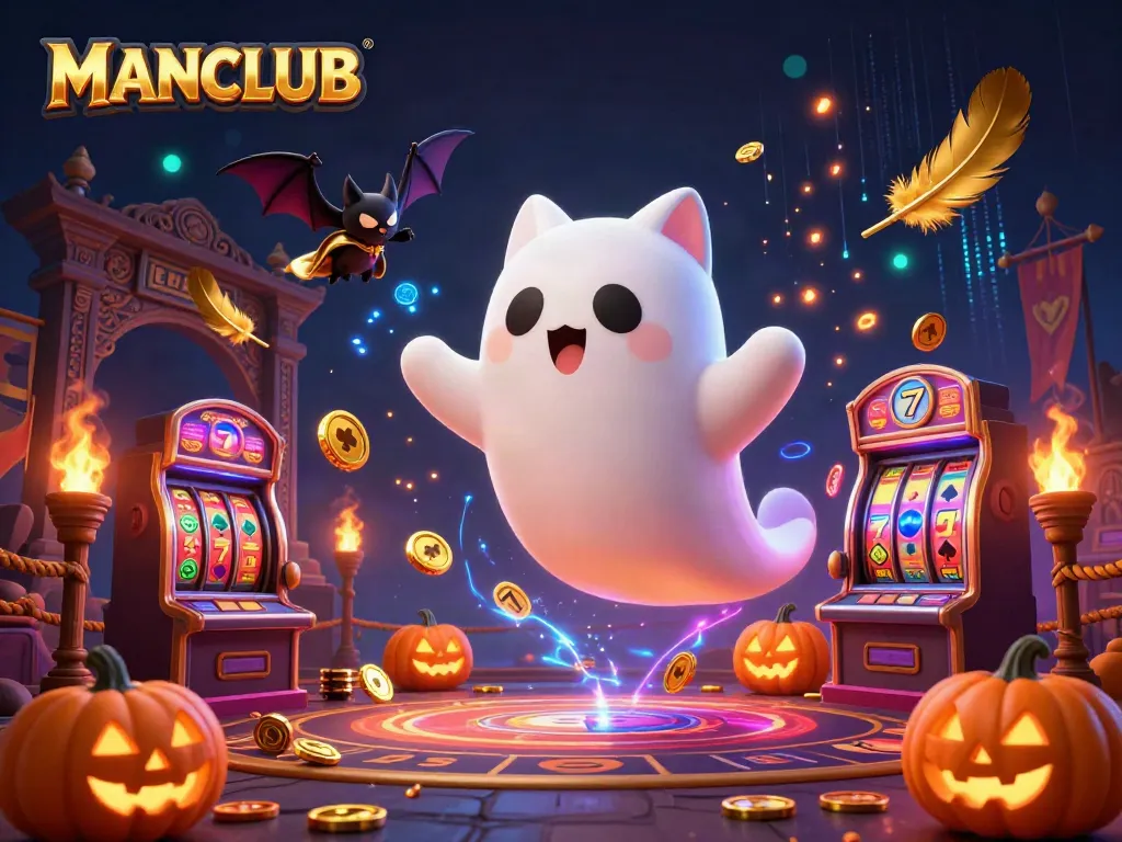 Experience thrilling gameplay with MANCLUB as the friendly ghost cat engages in a haunted casino adventure.