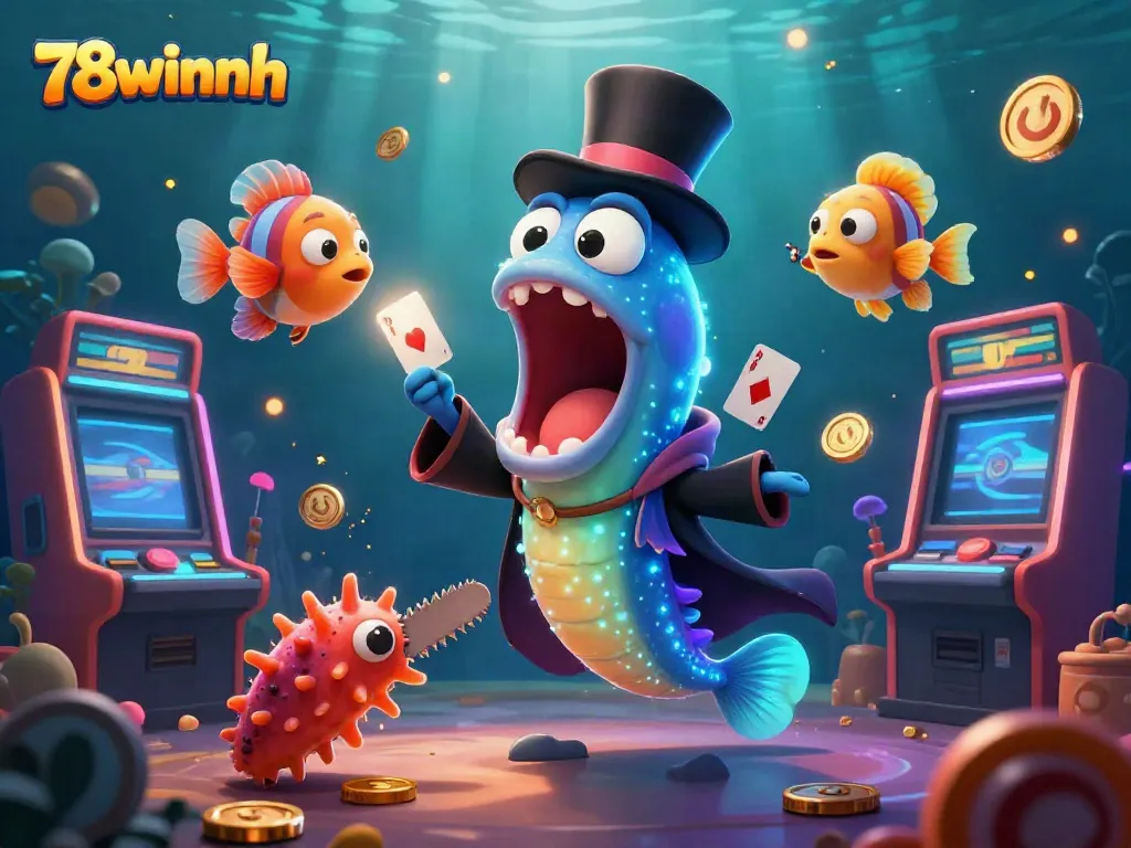 Experience the excitement of 78winnh with unique underwater characters in a vibrant casino-themed illustration featuring their magic show.