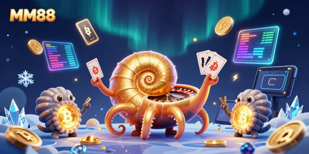 Experience the thrill of MM88 with a vibrant casino scene featuring a giant nautilus roulette wheel and glowing Bitcoin coins.