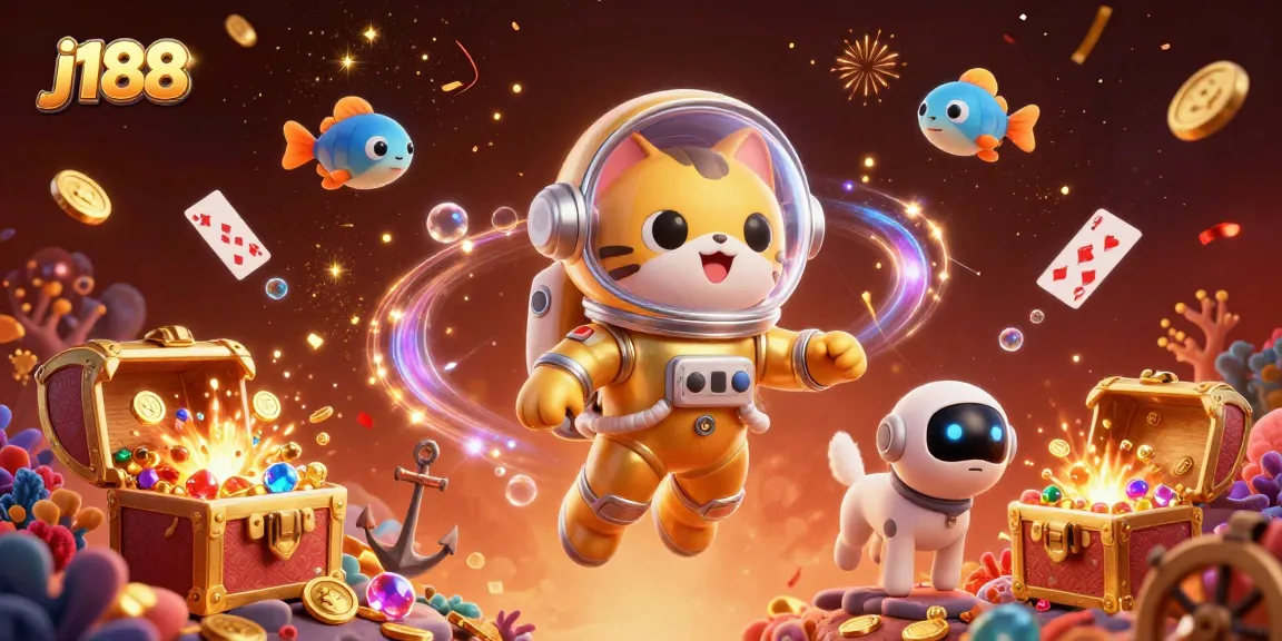 Engage with j188's exhilarating casino experience featuring a floating astronaut cat and treasure-filled underwater scene.