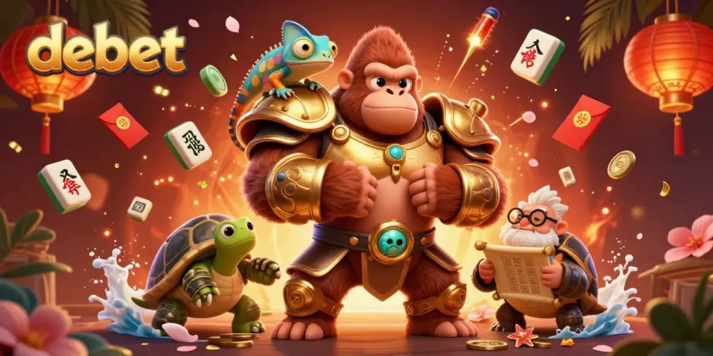 Engage with Debet's thrilling gaming atmosphere featuring a dynamic gorilla king, chameleon spy, and gambling scroll.