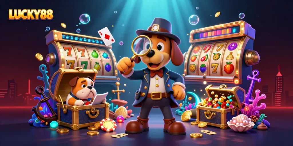 Engage with LUCKY88's thrilling slot action featuring cartoon characters in a dynamic casino treasure hunt.