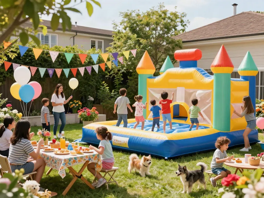 Children enjoying an inflatable castle at a lively outdoor party with balloons and snacks.