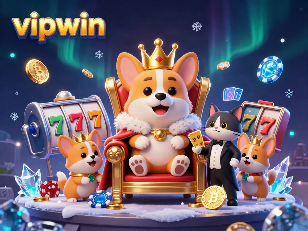 Experience the vibrant world of vipwin casino with a royal corgi on a throne of poker chips, glowing crypto coins, and playful themes.