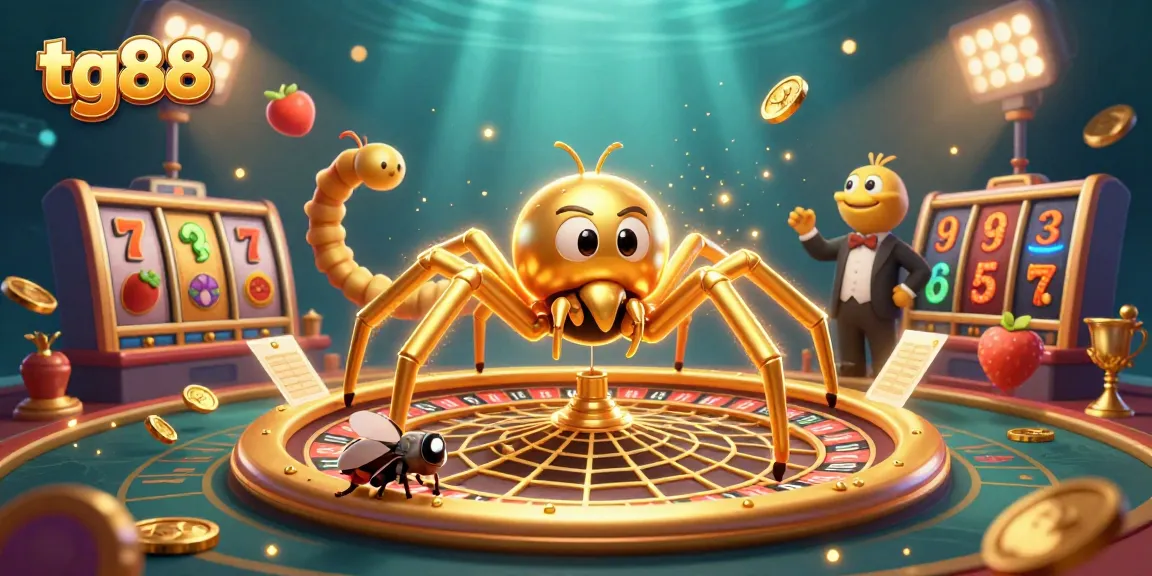 Experience the excitement of tg88 with a vibrant casino scene featuring a spider croupier spinning a roulette wheel.