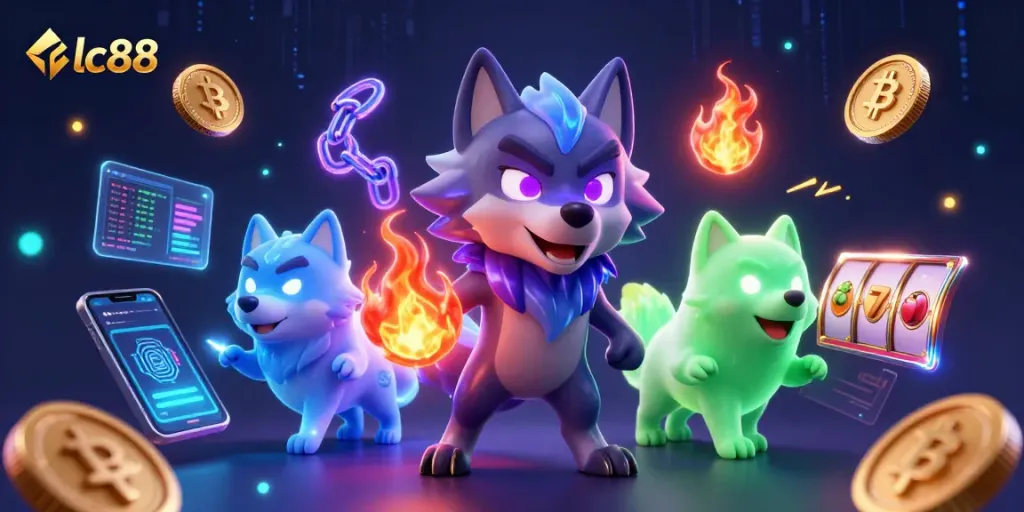Immerse in lc88's vibrant casino universe with animated wolves and crypto-themed gaming elements.