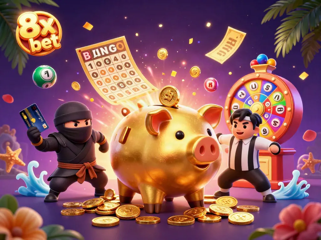 Experience thrilling victories with 8x bet in this lively casino-themed illustration.