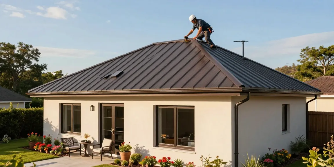 Newly installed MRoof metal roofing on a modern home with a skilled roofer inspecting it.