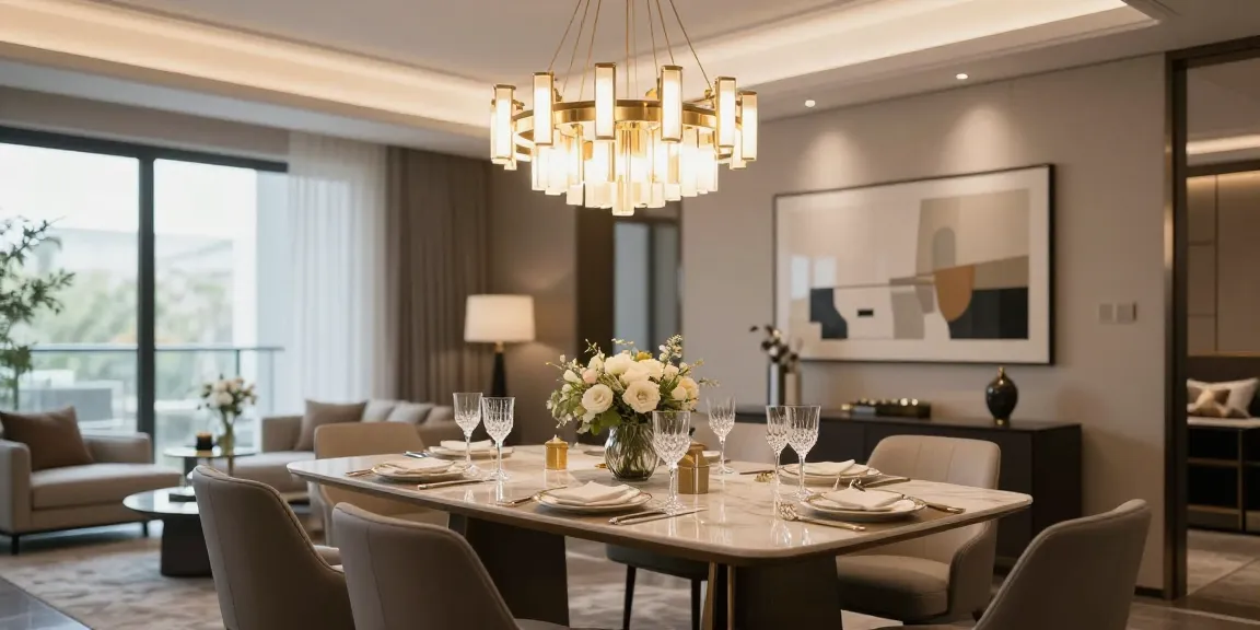 Candelabru modern suspendat într-un dining elegant, iluminând masa cu un decor sofisticat.