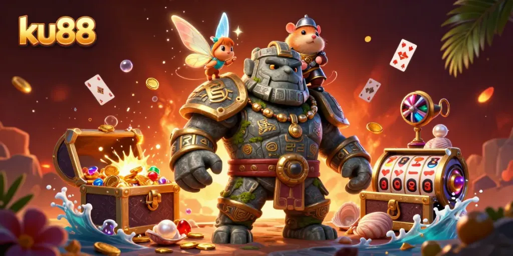 Engage in immersive gambling at ku88, featuring an animated scene with a golem, fairy, hamster knight, and dazzling treasures.