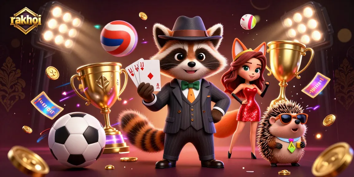 Bet on sports with Rakhoi, featuring raccoon and fox enjoying a thrilling experience with trophies and action.