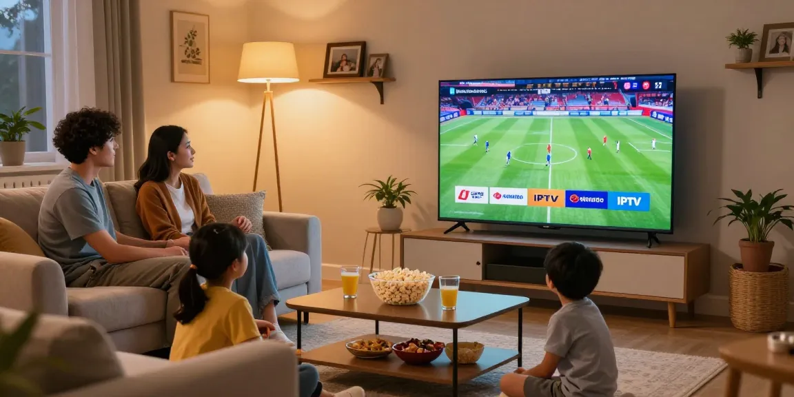 Découvrez le Meilleur IPTV Québec avec une famille profitant de leur service de streaming HD dans un salon chaleureux.