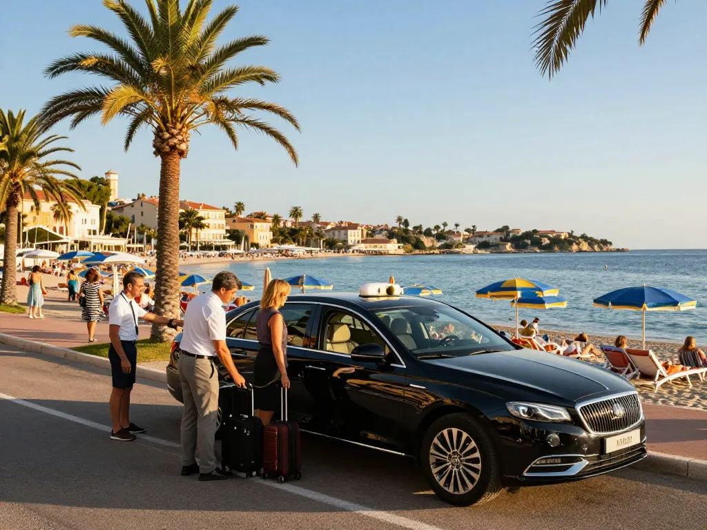 Taxi Saint-Tropez avec chauffeur aidant à la plage, mettant en avant une expérience de voyage de luxe.