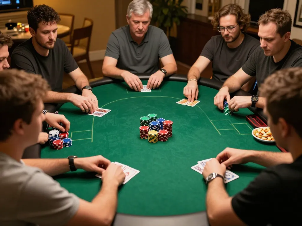 Players engage in a thrilling poker game at home with sunwin strategies displayed, showcasing excitement and friendly competition.