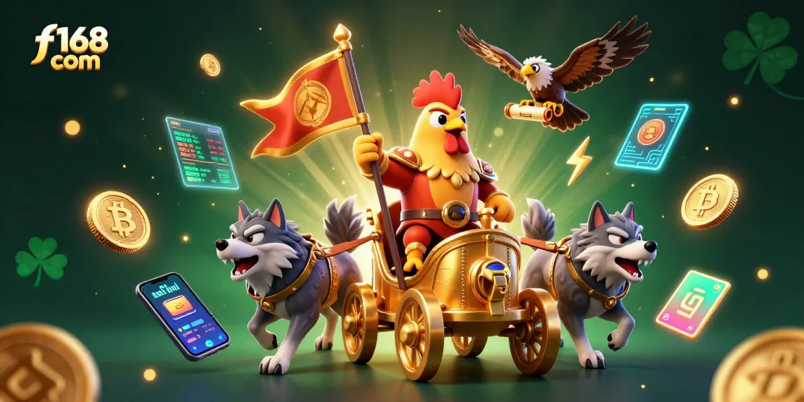 Experience thrilling gameplay with f168 com, featuring a cartoon rooster warlord in a vibrant, dynamic illustration with crypto elements.