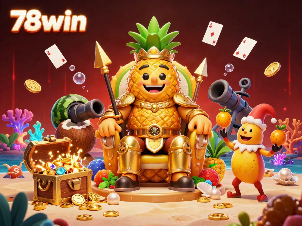 Engage with the vibrant 78win gaming experience featuring tropical themes and festive characters.