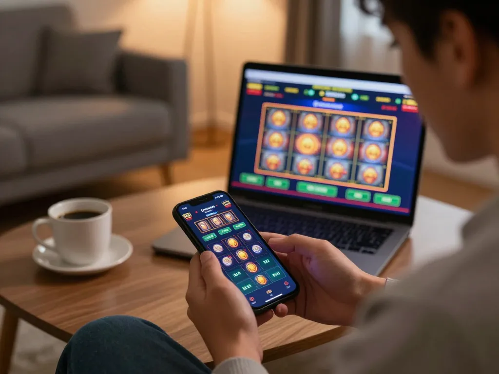 Engage in slot gacor with dynamic mobile betting on a smartphone in a cozy living room