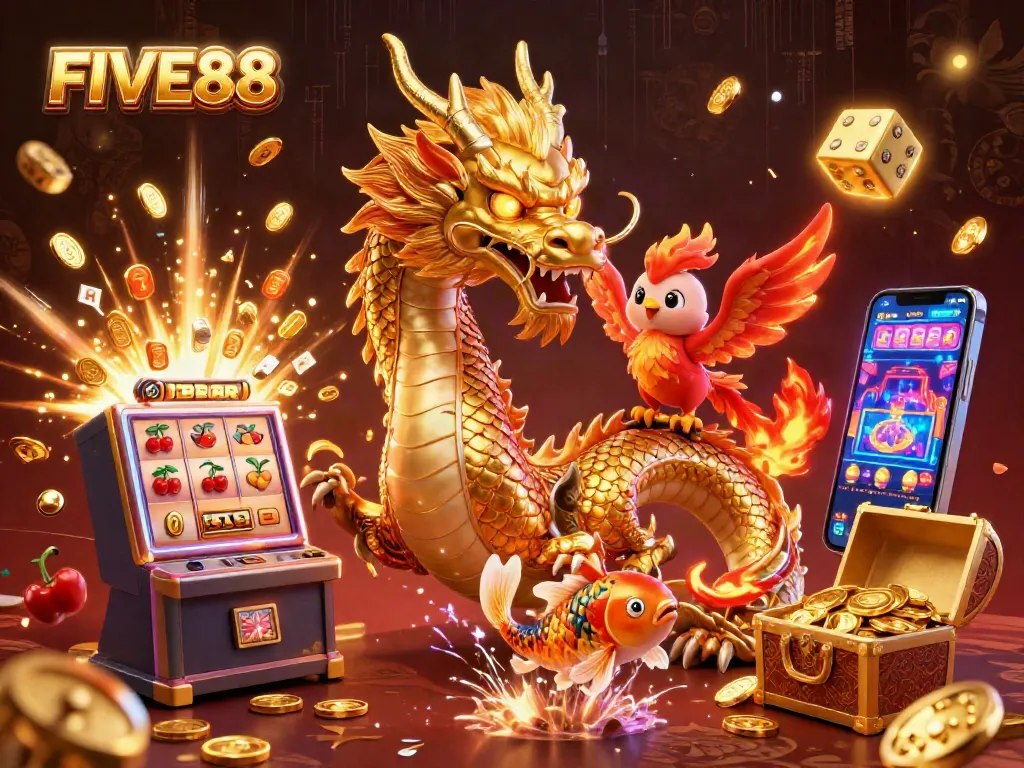 Experience the excitement at FIVE88 Casino with a vibrant scene of a golden dragon and colorful casino elements.