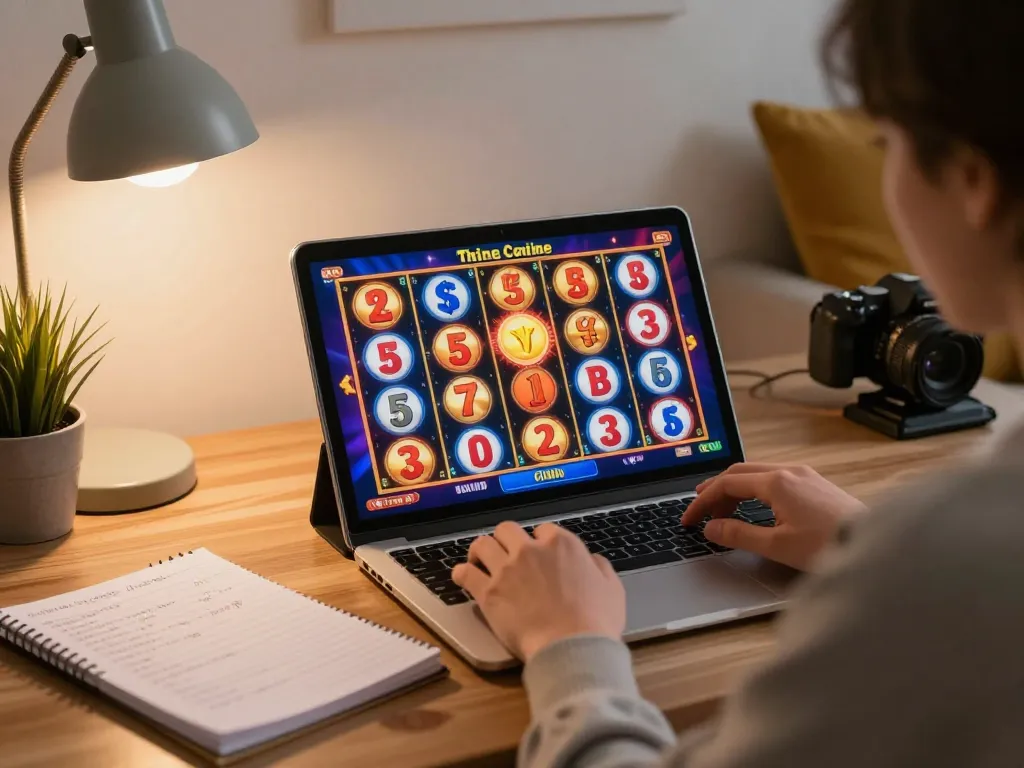 Engaged player enjoying slots on jus77 platform in a cozy home office