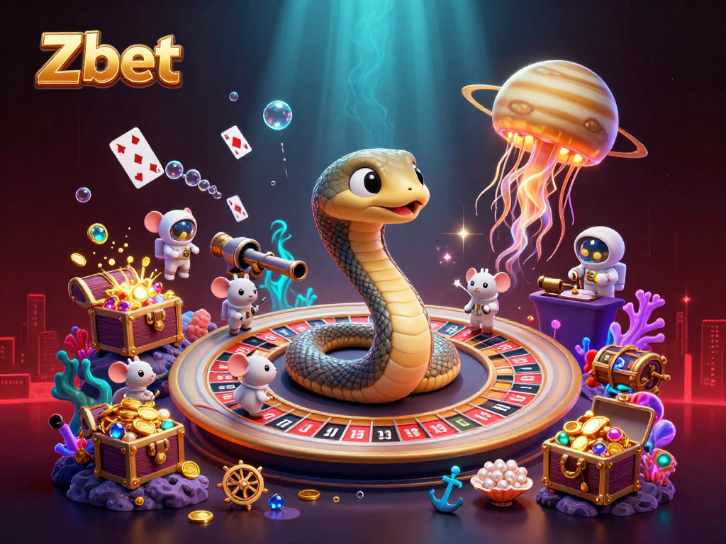 Zbet showcases an exciting cosmic gambling scene with vibrant elements and characters, enticing players with imaginative bets.