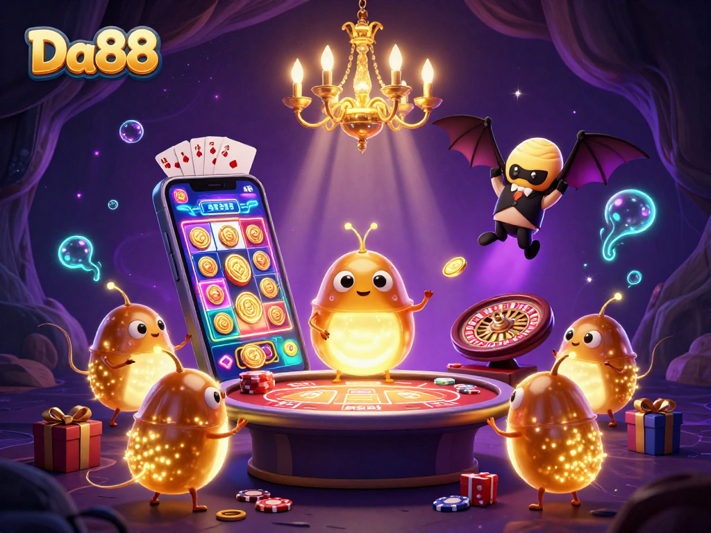 Play engaging slots at Da88 with vibrant glowworms in a magical casino scene.