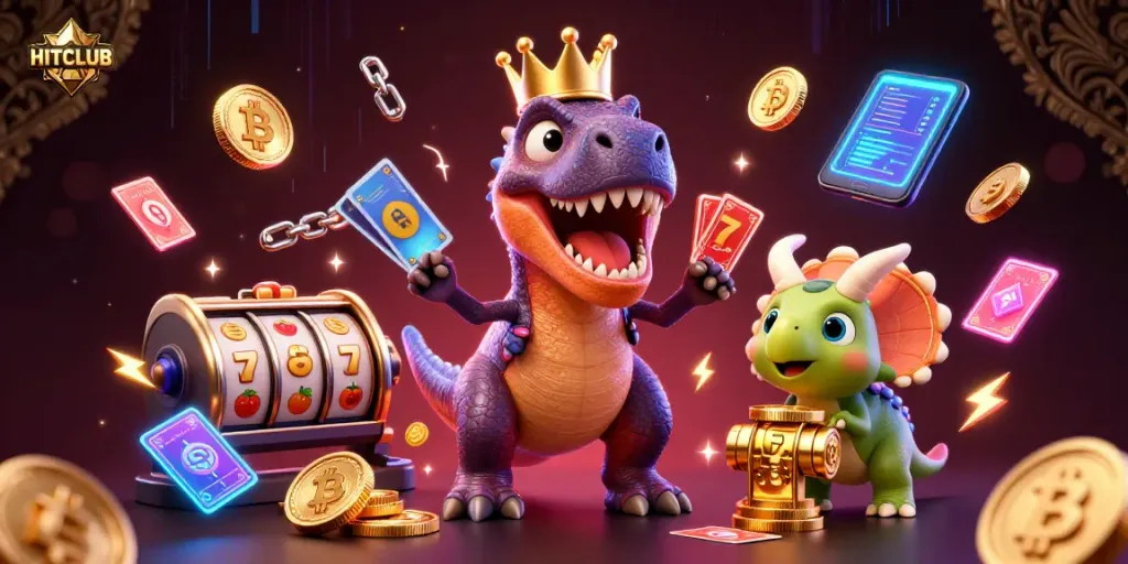 Spin the reels at HITCLUB with a vibrant T-Rex and friends stacked with gold coins.