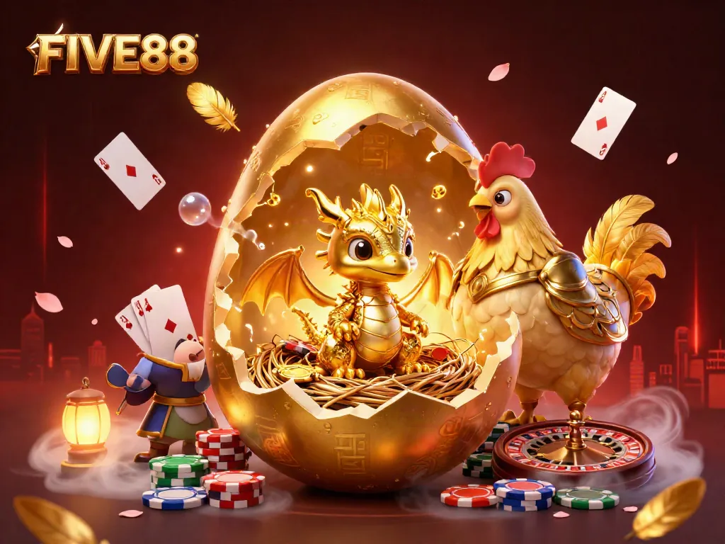 Engage with FIVE88 at this vibrant casino scene featuring poker elements and a golden dragon.