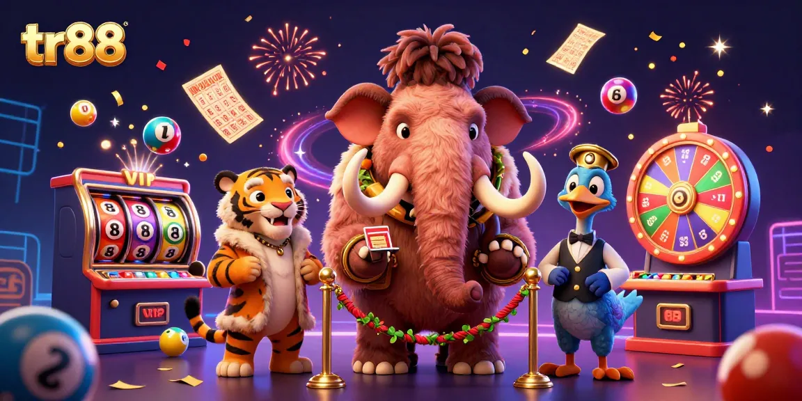 Experience the thrill of tr88 with a vibrant casino scene showcasing a mammoth bouncer, a saber-toothed tiger VIP, and dynamic game elements.