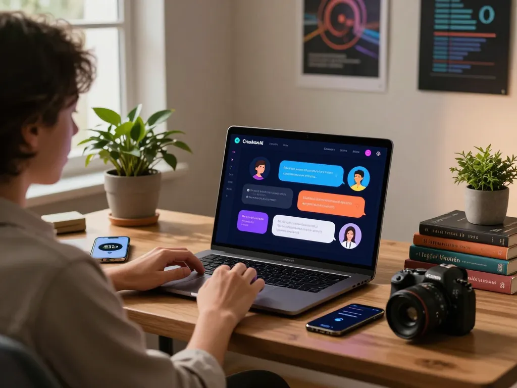 User interacting with CrushonAI's chat interface in a cozy home office setting, showcasing vibrant avatars and a creative workspace.