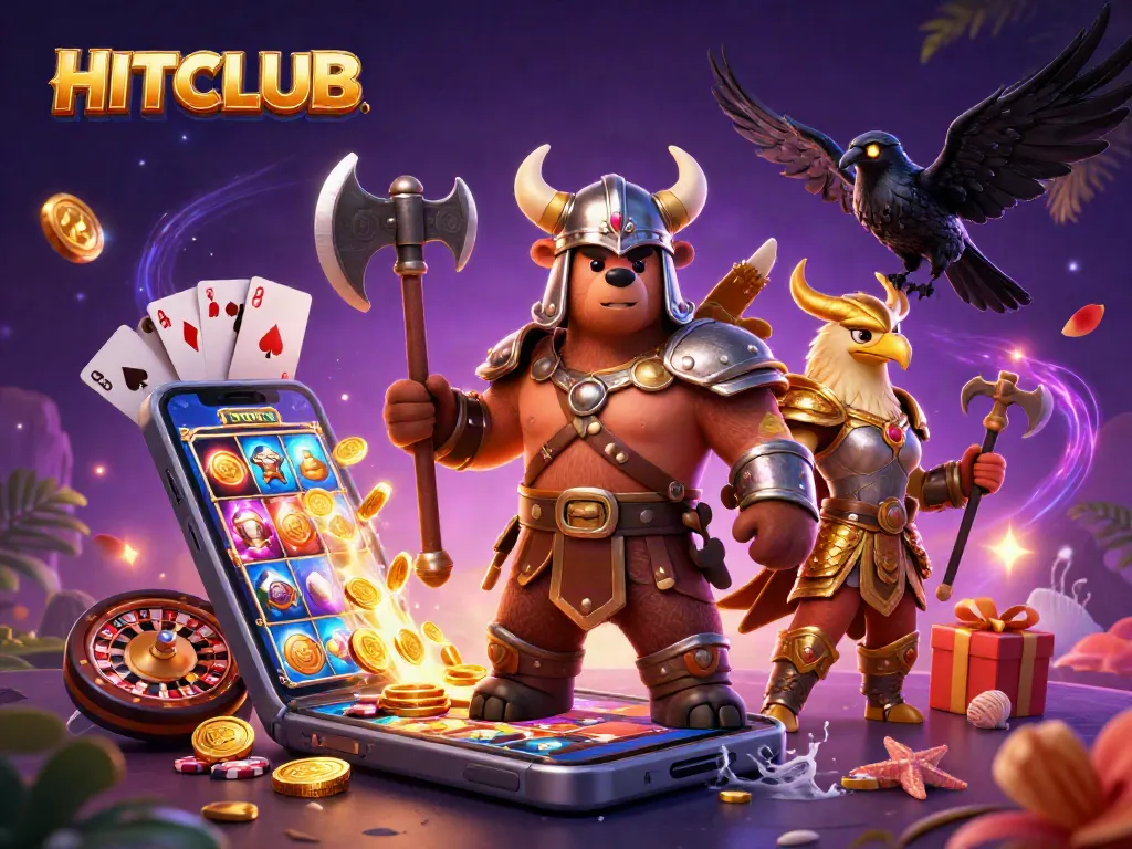 Win big on HITCLUB with a vibrant 3D casino theme showcasing exciting gaming elements.