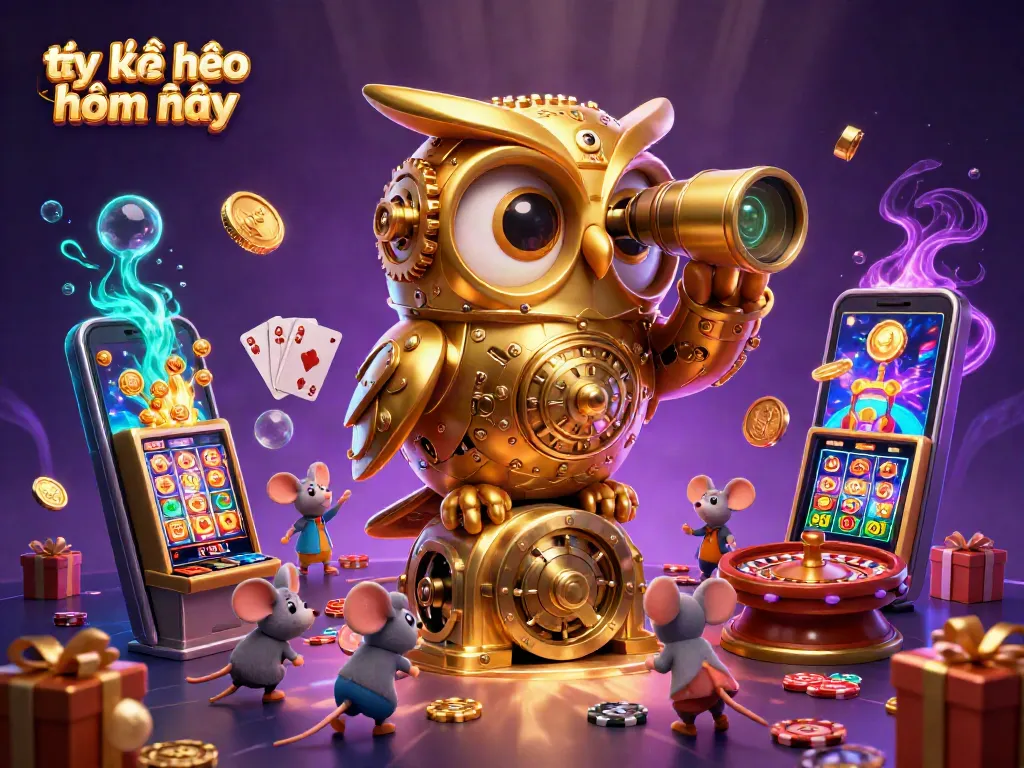 Experience tỷ lệ kèo nhà cái hôm nay in a colorful casino scene featuring a golden owl and lively game elements.