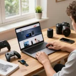 Explore affordable tech gadgets in a vibrant home workspace with various devices and natural light.