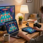 Player engaged in online gaming at home, using laptop and tablet for 79sodoni live dealer games, cozy setup