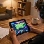 Engaging with kèo nhà cái 88 on tablet during online betting session in a cozy workspace