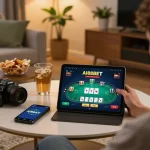 Engaging in online poker using the AI88BET app, showcasing a player's experience in a cozy setting.