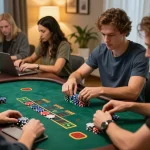 Players engaging in an exciting ee88 live dealer blackjack game at home, enhanced by warm lighting and dynamic gameplay.
