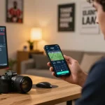 Daga sports betting user analyzes odds on smartphone app in modern home office setting.