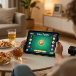 Playing app tài xỉu online on a tablet at home, showcasing the betting interface with a cozy atmosphere.