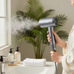Using Laifen hair dryer in a bright bathroom for a rejuvenating self-care experience.