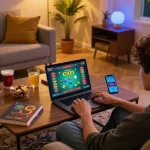 Tài xỉu online gaming experience in a cozy living room with interactive betting system.
