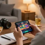 Player engaging with the 888b casino app on smartphone in a cozy home environment, showcasing strategic gaming.