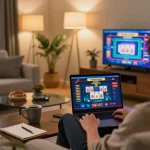 Engaging online gaming scene featuring gamebaidoithuong8 with a cozy living room setup, showcasing a person focused on laptop.