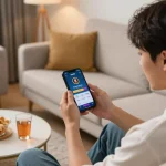 Player accessing the trang chủ MM88 app on a smartphone in a cozy home setting.