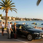 Taxi Saint-Tropez avec chauffeur aidant à la plage, mettant en avant une expérience de voyage de luxe.