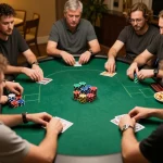 Players engage in a thrilling poker game at home with sunwin strategies displayed, showcasing excitement and friendly competition.