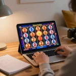 Engaged player enjoying slots on jus77 platform in a cozy home office